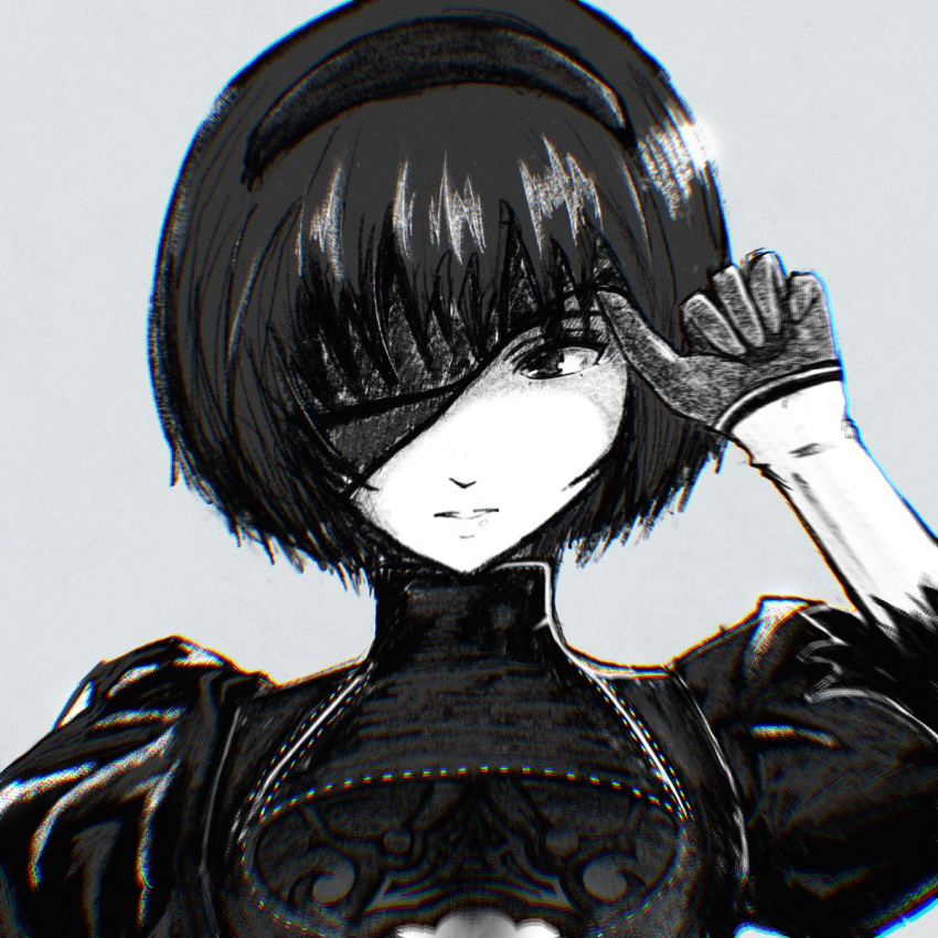 1girl adjusting_hair amagami bangs black_dress black_gloves black_hair black_hairband chromatic_aberration close-up cosplay dress eyepatch gloves grey_background hairband highres lace_dress looking_afar looking_away monochrome nanasaki_ai nier_(series) nier_automata oshizu parted_lips puffy_sleeves shaded_face short_hair turtleneck yorha_no._2_type_b yorha_no._2_type_b_(cosplay)