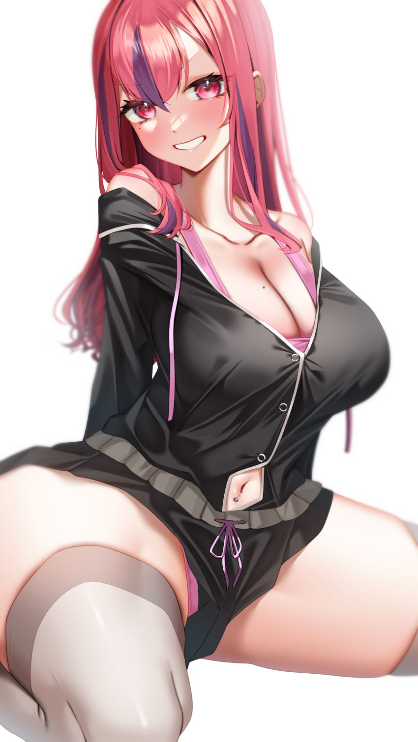 1girl absurdres alternate_costume alternate_hairstyle arms_behind_back azur_lane bangs bare_shoulders black_jacket blush breasts bremerton_(azur_lane) bremerton_(relaxation_consultation)_(azur_lane) cleavage clenched_teeth collarbone hair_down highres huge_breasts jacket long_hair looking_at_viewer mole mole_on_breast mole_under_eye multicolored_hair navel navel_piercing official_alternate_costume official_alternate_hairstyle panties panty_peek piercing pink_panties pink_tank_top purple_hair red_eyes red_hair seele0907 simple_background sitting smile solo spread_legs streaked_hair tank_top teeth thighhighs thighs two-tone_hair underwear v-shaped_eyebrows white_background white_thighhighs