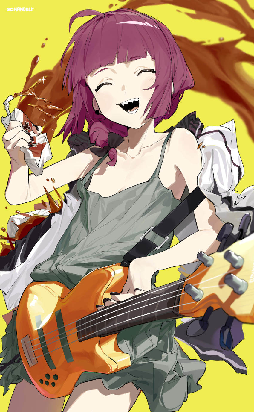 1girl :d absurdres bangs bass_guitar black_bow black_jacket black_nails blunt_bangs bocchi_the_rock! bow braid closed_eyes collarbone cowboy_shot dress gohanduck green_dress hair_bow hair_over_shoulder highres hiroi_kikuri holding holding_carton instrument jacket long_hair long_sleeves medium_dress multicolored_clothes multicolored_jacket open_clothes open_jacket open_mouth purple_hair sharp_teeth single_braid smile solo standing teeth two-tone_jacket white_jacket