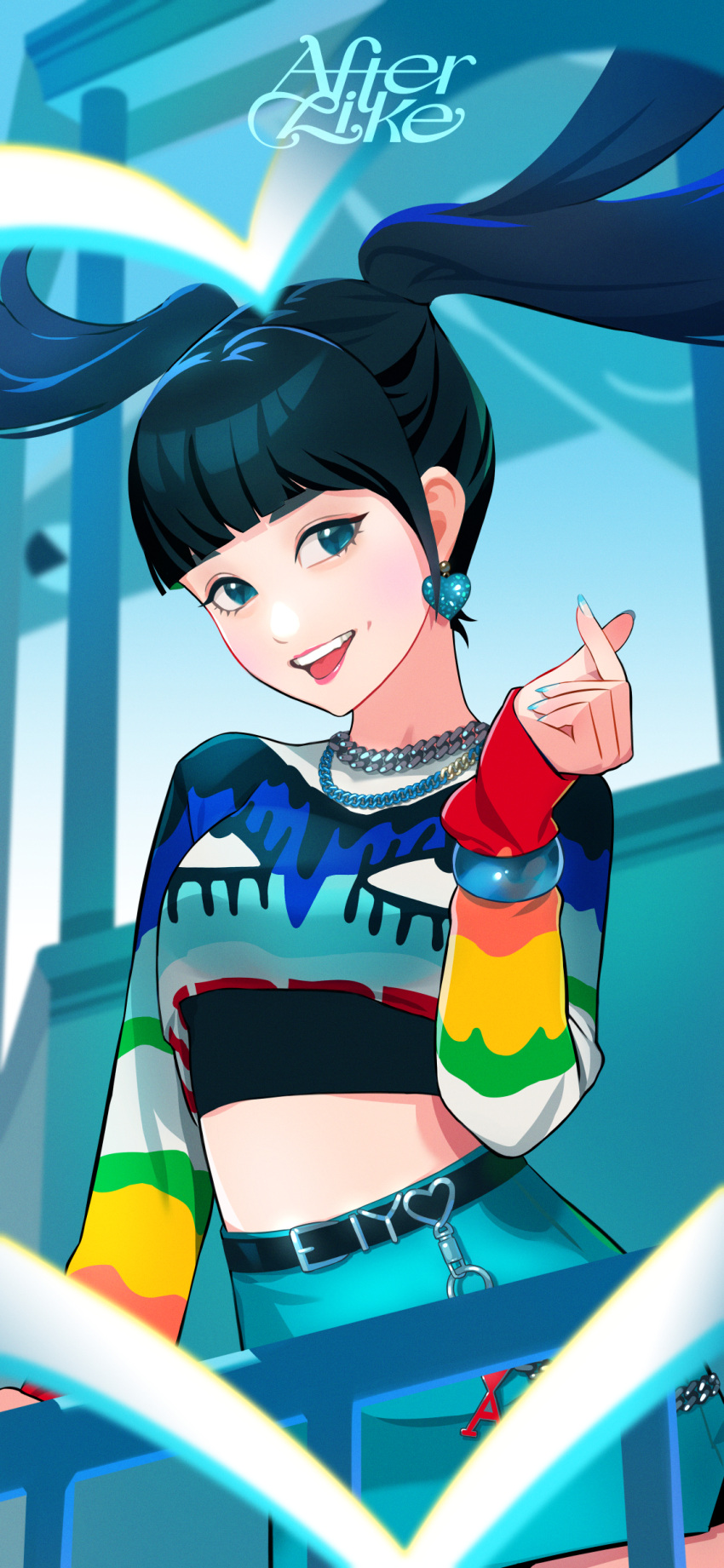 1girl absurdres after_like_(ive) animification belt black_belt black_hair blue_eyes blue_skirt cropped_shirt dimple earrings finger_heart floating_hair hair_behind_ear heart heart_earrings highres ive_(group) jewelry k-pop liz_(ive) long_hair making-of_available midriff_peek pencil_skirt print_shirt real_life shirt skirt smile solo song_name tongue tongue_out twintails yeoneotail
