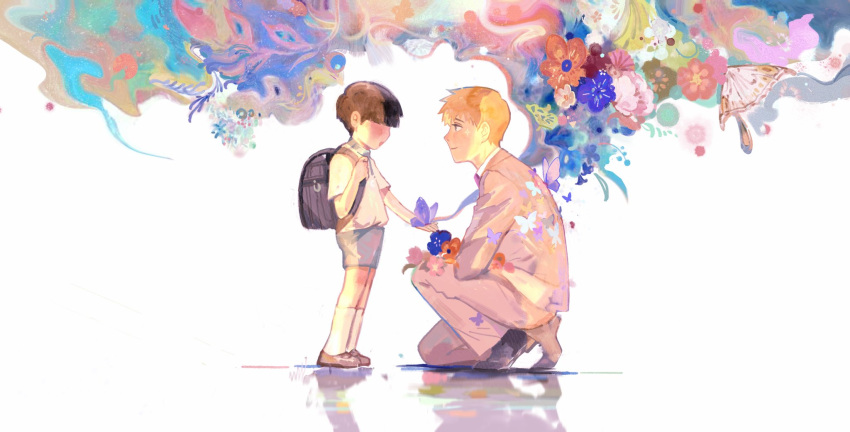 2boys age_difference aged_down azexal black_bag black_hair blonde_hair bowl_cut bug business_suit butterfly butterfly_sitting flower formal giving hair_over_eyes highres kageyama_shigeo long_sleeves mob_psycho_100 multicolored_background multiple_boys one_knee reigen_arataka shadow shirt short_hair short_sleeves shorts socks suit white_shirt white_socks