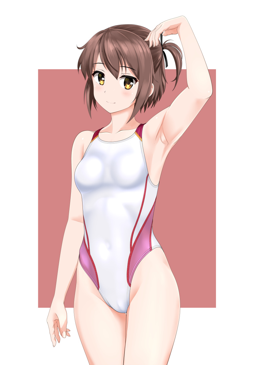 1girl absurdres arm_up armpits black_ribbon breasts brown_hair cameltoe commission competition_swimsuit covered_navel etou_kanami hair_ribbon highres looking_at_viewer multicolored_clothes multicolored_swimsuit one-piece_swimsuit one_side_up ribbon short_hair skeb_commission small_breasts solo swimsuit takafumi toji_no_miko white_one-piece_swimsuit