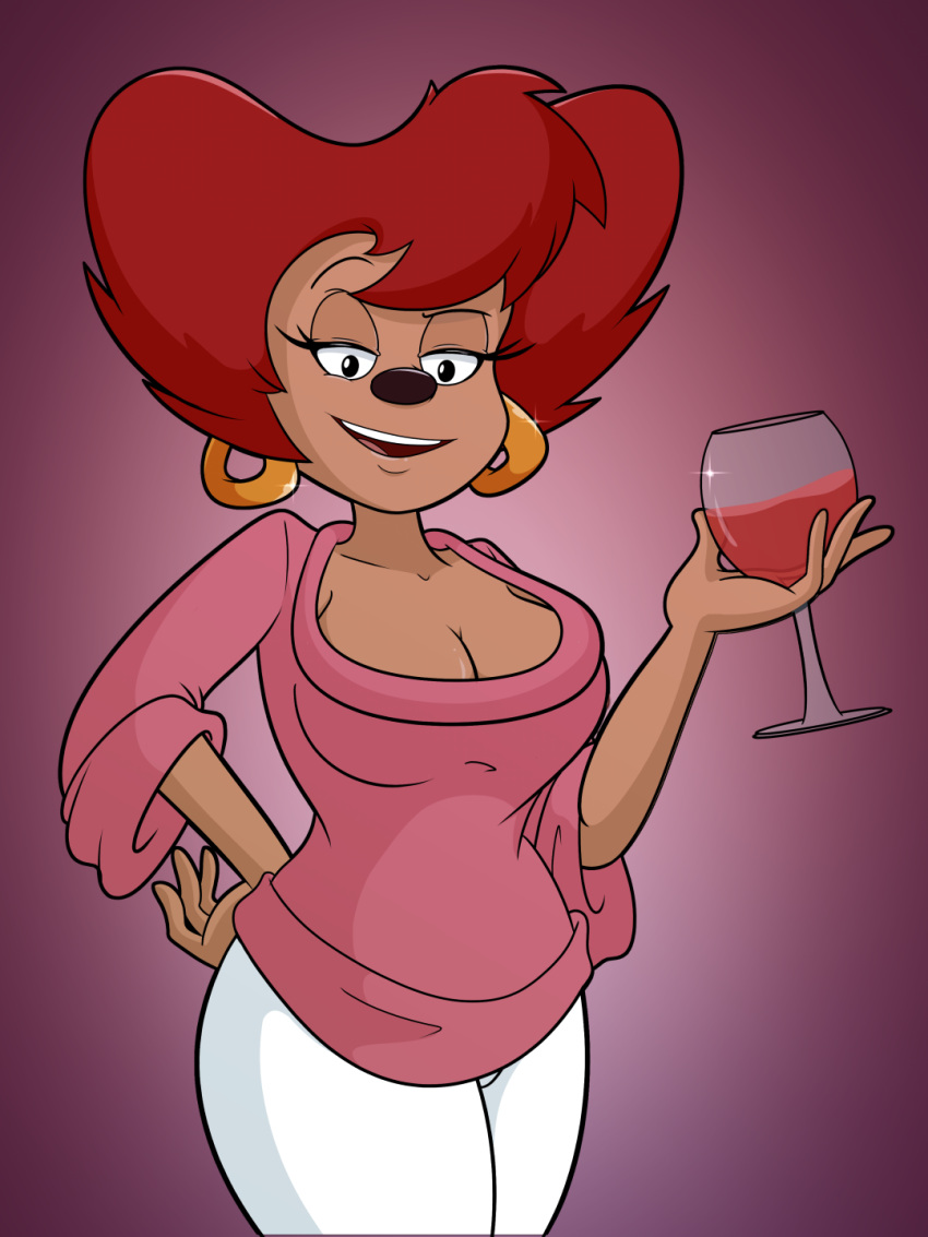 alcohol anthro beverage big_breasts breasts canid canine cleavage clothed clothing container cup disney drinking_glass ear_piercing ear_ring female glass glass_container glass_cup goof_troop hand_on_hip hi_res looking_at_viewer mammal mature_female nasiri_(artist) peg_pete piercing ring_piercing solo sweater topwear wide_hips wine wine_glass