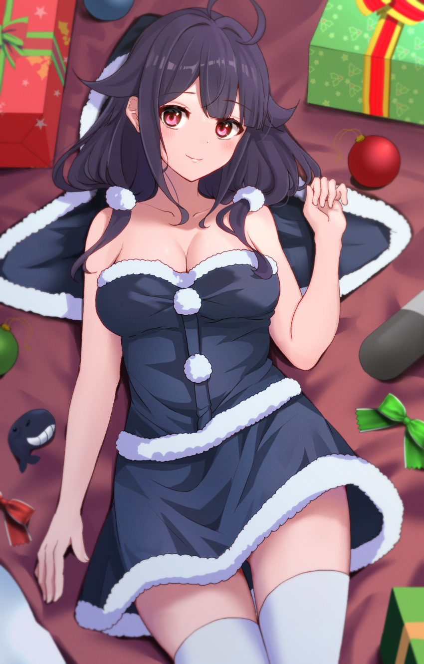 1girl absurdres ahoge black_capelet black_dress breasts capelet collarbone dress fur-trimmed_capelet fur-trimmed_dress fur_trim gift hair_flaps highres hood hooded_capelet kantai_collection large_breasts low_twintails lying official_alternate_costume on_back purple_hair red_eyes santa_dress short_dress smile solo strapless strapless_dress taigei_(kancolle) thighhighs toketa-sekai torpedo twintails white_thighhighs