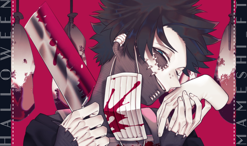 1boy apron bag black_hair black_shirt blood blood_on_clothes blood_on_knife blood_on_mask boku_no_hero_academia burn_scar cheek_piercing cleaver commentary_request dabi_(boku_no_hero_academia) dotted_line ear_piercing fingernails halloween hands_up head_tilt holding_limb kiss kissing_hand knife limited_palette looking_at_viewer macha@meshi male_focus mask mask_removed mouth_mask multiple_piercings multiple_scars narrowed_eyes nose_piercing pale_skin parted_lips piercing pillarboxed red_background scar scar_on_face scar_on_hand scar_on_neck severed_limb shirt short_hair sideways_glance simple_background smile solo teeth twitter_username upper_body upper_teeth