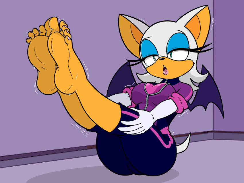 5_toes anthro armwear barefoot bat_(species) bodily_fluids breasts clothing elbow_gloves feet female gloves handwear humanoid_feet mammal nasiri_(artist) rouge_the_bat sega solo sonic_prime sonic_the_hedgehog_(series) stretching sweat toes wings yoga