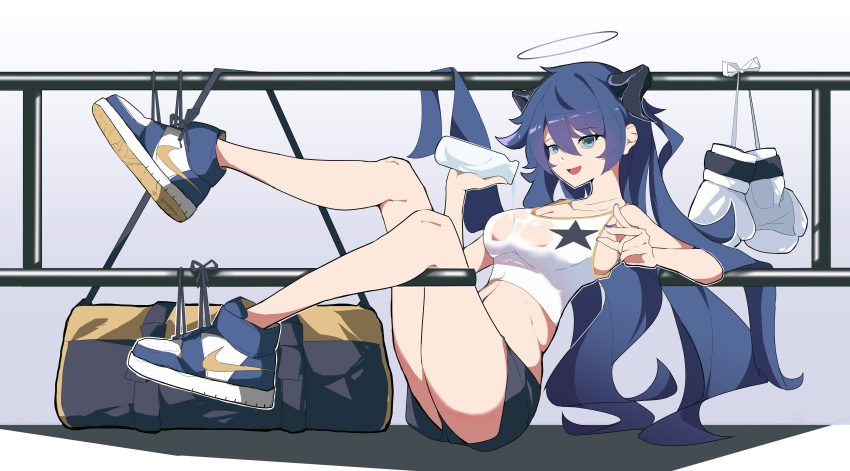 1girl absurdres arknights black_shorts blue_background blue_eyes blue_footwear blue_hair bottle crop_top dark_halo demon_horns halo highres holding holding_bottle horns long_hair mostima_(arknights) postalworks pouring pouring_onto_self shirt shoes shorts simple_background sneakers solo thighs water wet wet_clothes wet_shirt white_shirt