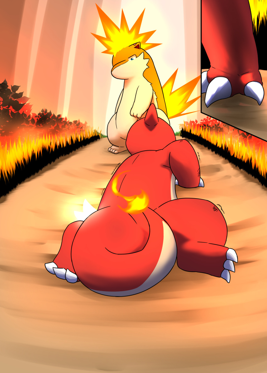 charmeleon comic darrow0 fire forest generation_1_pokemon generation_2_pokemon hi_res nintendo plant pokemon pokemon_(species) quilava tree video_games yuel