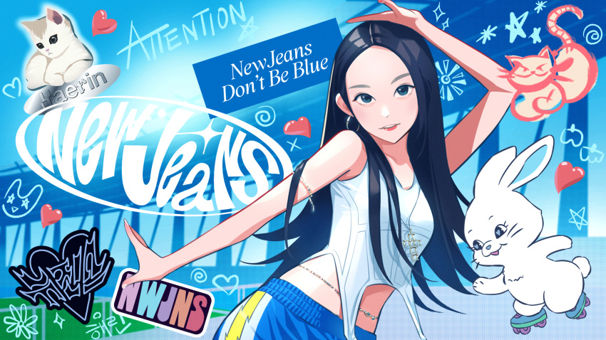 1girl animification black_hair blue_eyes blue_pants breasts cat character_name clip_studio_paint_(medium) copyright_name dancing english_commentary haerin_(newjeans) hair_behind_ear heart highres k-pop leaning_to_the_side long_hair looking_at_viewer making-of_available medium_breasts newjeans open_hands pants parted_hair rabbit real_life roller_skates skates solo song_name sweatpants tank_top very_long_hair white_tank_top yeoneotail