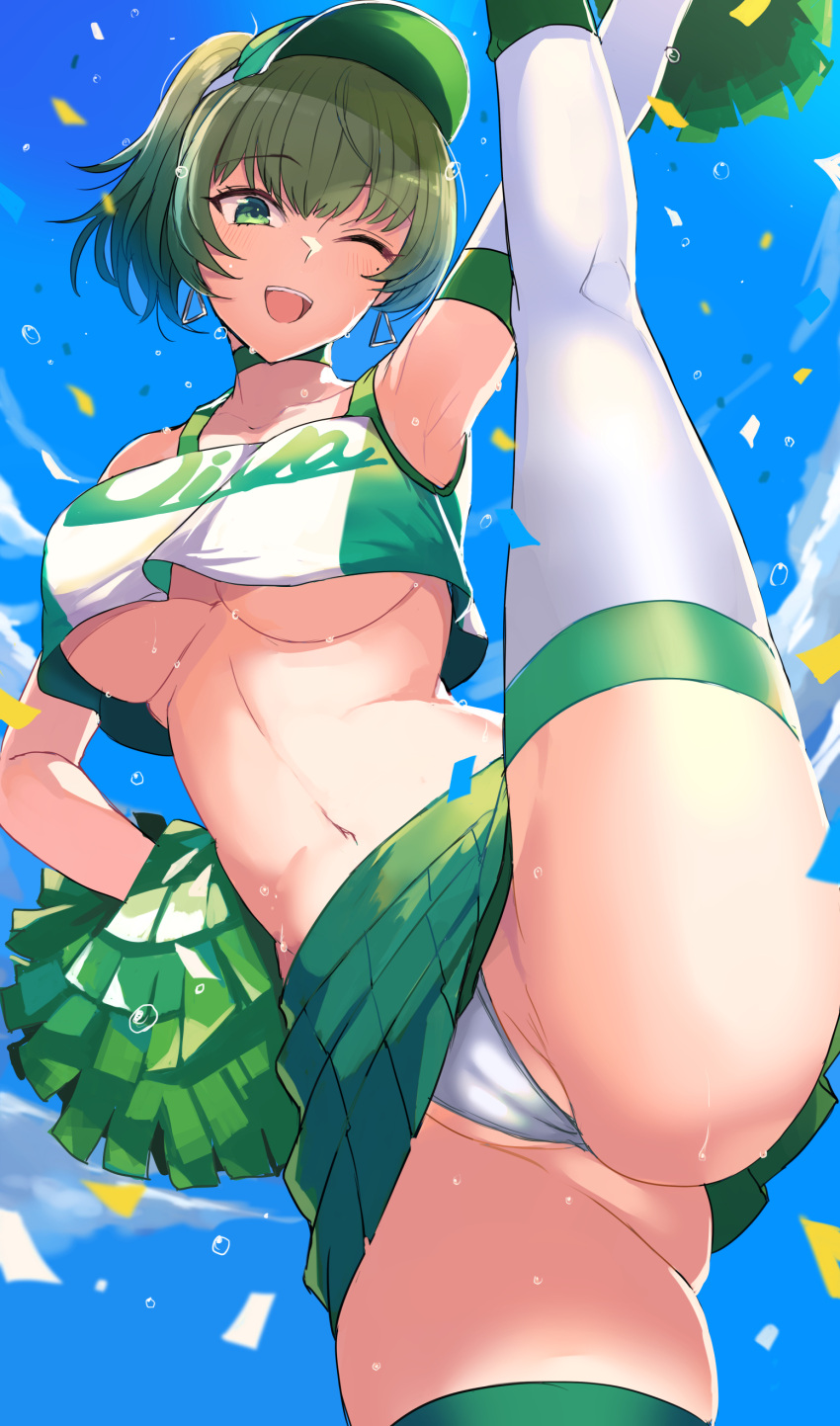 1girl ;d absurdres alternate_hairstyle armpits ashita_(2010) ass blue_sky blush breasts cheerleader choker cloud collarbone commentary_request day green_choker green_eyes green_hair hand_on_hip highres idolmaster idolmaster_cinderella_girls large_breasts looking_at_viewer midriff mole mole_under_eye navel one_eye_closed panties pom_pom_(cheerleading) ponytail short_hair sky smile solo split standing standing_on_one_leg standing_split sweat takagaki_kaede teeth thighhighs thighs underboob underwear upper_teeth visor_cap white_panties white_thighhighs