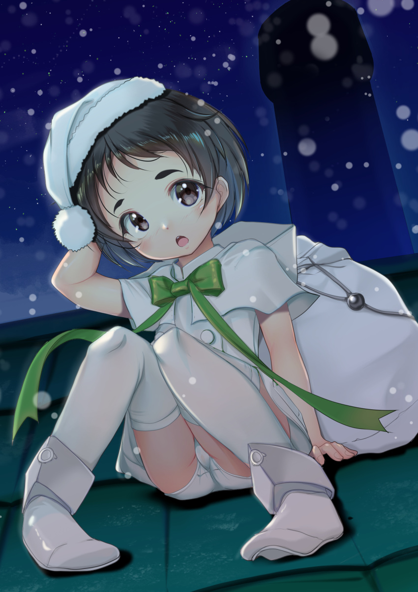 1girl absurdres black_hair bow bowtie brown_eyes chestnut_mouth chimney commentary_request dress fur-trimmed_headwear fur_trim green_ribbon hat highres kantai_collection maru-yu_(kancolle) night official_alternate_costume panties ribbon rooftop sack santa_hat short_hair sitting snow solo thick_eyebrows thighhighs underwear white_dress white_footwear white_headwear white_panties white_thighhighs yashin_(yasinz)