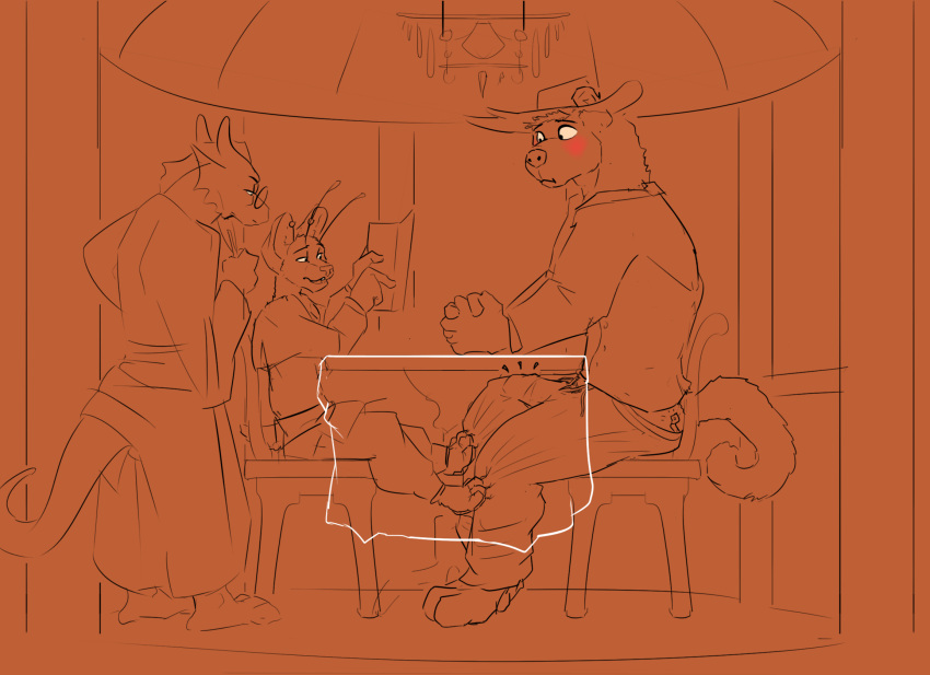 anthro bulge clasped_hands clothing cricket_talot dragonborn_(dnd) dungeons_and_dragons fek felid gazebo gnoll group hasbro hat headgear headwear hi_res male male/male mammal menu ordering_food paws restaurant tabaxi thacharay_weeds trio under_table waiter wizards_of_the_coast