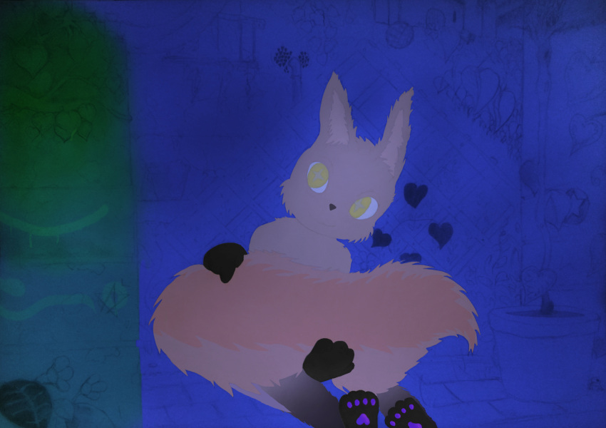 adult_(lore) anonymous_artist anthro band_(marking) banded_tail big_tail black_body black_fur black_paws blue_background brown_body brown_fur digital_media_(artwork) ecu_(character) feet flying_squirrel foot_focus fur graffiti hi_res hiding_behind_tail holding_tail male mammal markings orange_body orange_fur pawpads paws pentagram plant purple_pawpads rodent sciurid simple_background sitting sitting_on_ground smile solo star_in_pupils starry_eyes tail_markings tan_tail traditional_media_(artwork) two_tone_tail yellow_eyes young