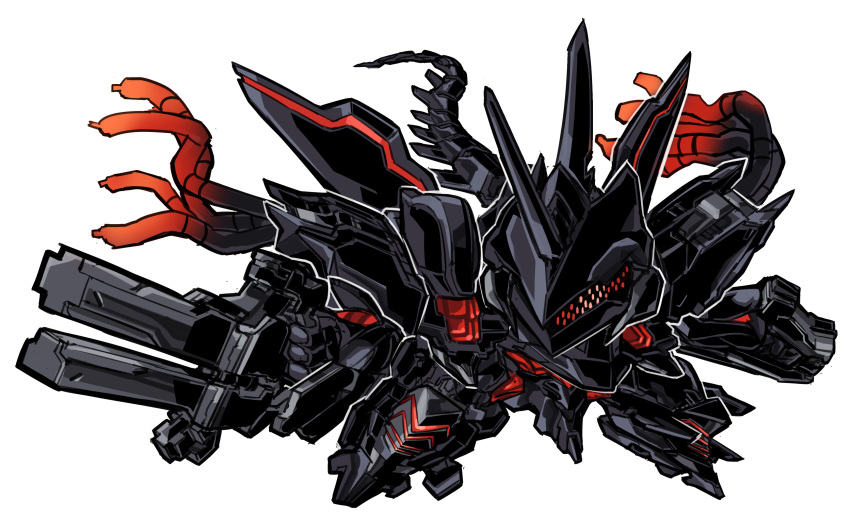 absurdres armored_core armored_core:_for_answer cable chibi commission gun highres holding holding_gun holding_weapon horns mecha mechanical_tail n-wgix/v no_humans pillar_buster red_eyes robot science_fiction simple_background single_horn tail weapon white_background