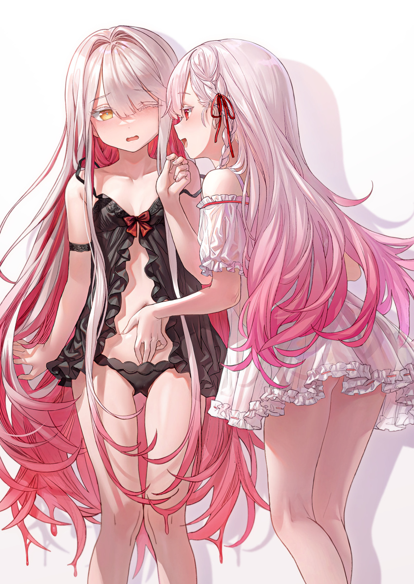 2girls absurdres arm_garter ass bare_shoulders black_babydoll black_panties blush bow braid breasts chemise colored_inner_hair commentary dress feet_out_of_frame frills gradient_hair grey_hair hair_ribbon hand_on_another's_stomach highres leon_v lingerie long_hair looking_at_another multicolored_hair multiple_girls navel off-shoulder_dress off_shoulder one_eye_closed open_mouth original panties pink_hair red_bow red_eyes red_ribbon ribbon see-through see-through_dress side_braid simple_background small_breasts smile strap_slip symbol-only_commentary two-tone_hair underwear very_long_hair wavy_hair white_background white_hair yellow_eyes yuri