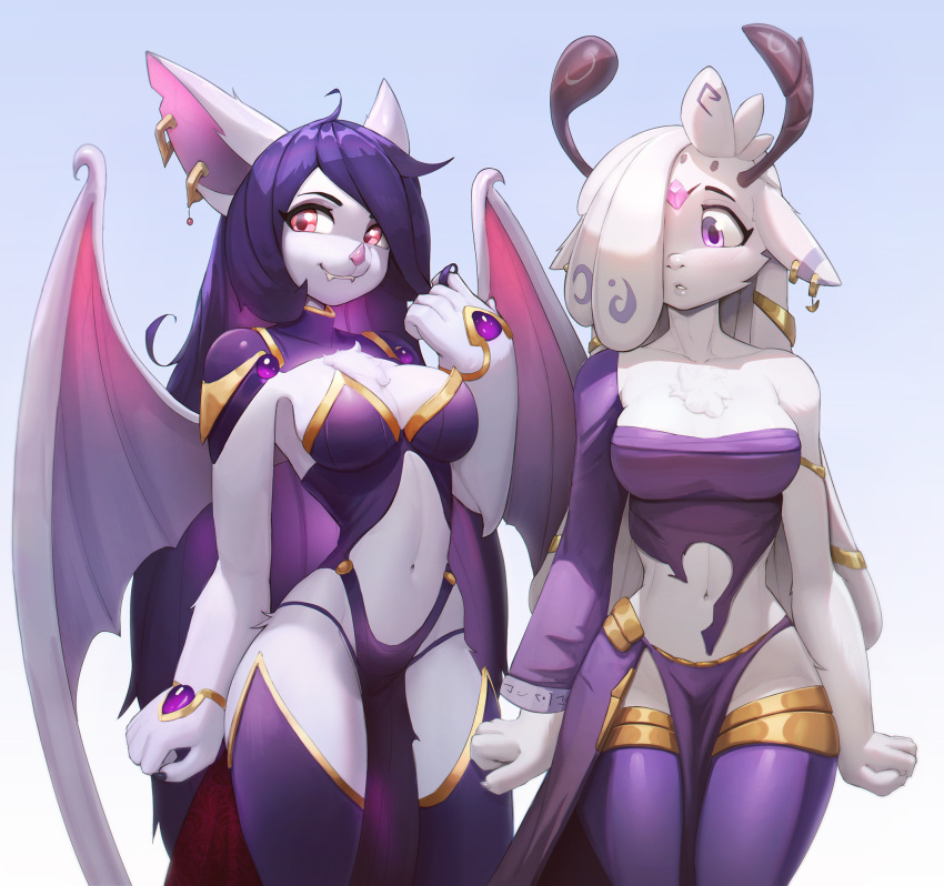 acrystra anthro armwear bat_(species) bat_wings big_ears breasts cervine chest_tuft cleavage clothed clothing deer duo ear_piercing ear_ring fangs female forehead_gem fully_clothed fur hair hair_over_eye hi_res horn jewelry legwear long_hair looking_at_viewer mammal membrane_(anatomy) membranous_wings midriff navel notched_ear one_eye_obstructed piercing purple_eyes purple_hair red_eyes ring_piercing smile standing thigh_highs topwear trilaena tuft white_body white_fur white_hair wide_hips wings yorzis