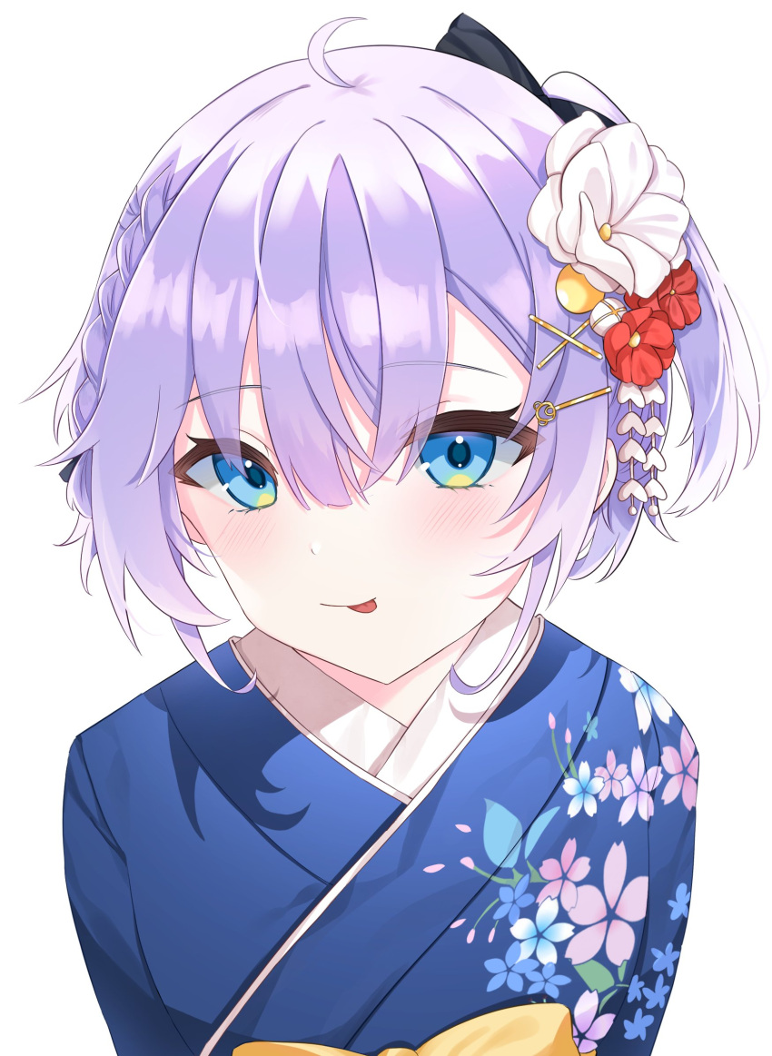 1girl blue_eyes blue_kimono bow braid commentary double_bun flower hair_bow hair_bun hair_flower hair_ornament hairclip highres indie_virtual_youtuber japanese_clothes kimono looking_at_viewer one_side_up portrait purple_hair red_flower rocksnotrock shizukou short_hair side_braid simple_background smile solo symbol-only_commentary tongue tongue_out white_background white_flower yellow_bow