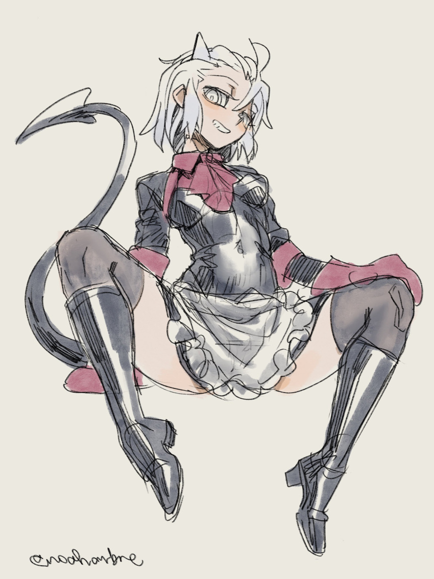 1girl absurdres apron artist_name ascot bangs boots breasts demon_horns demon_tail grey_background grey_eyes grey_hair grin helltaker highres horns justice_(helltaker) knee_boots looking_at_viewer noah_(tettsui-sole) official_alternate_costume red_ascot red_shirt shirt short_hair simple_background sketch small_breasts smile solo spread_legs tail teeth thighhighs waist_apron
