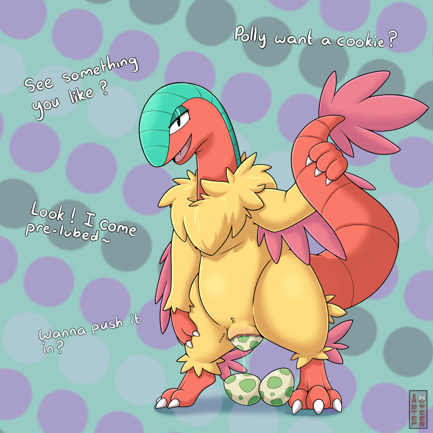 1:1 2022 absurd_res anthro archeops aztepyeen biped black_eyes blue_body bodily_fluids clitoris dialogue dotted_background egg egg_from_pussy english_text fan_character female fossil_pok&eacute;mon front_view generation_5_pokemon genital_fluids genitals hi_res holding_own_tail holding_tail multi_tone_body nintendo nude open_mouth oviposition pattern_background penetration pokemon pokemon_(species) pussy pussy_juice red_body simple_background solo standing talking_to_viewer text thick_thighs vaginal vaginal_penetration video_games virgoah yellow_body