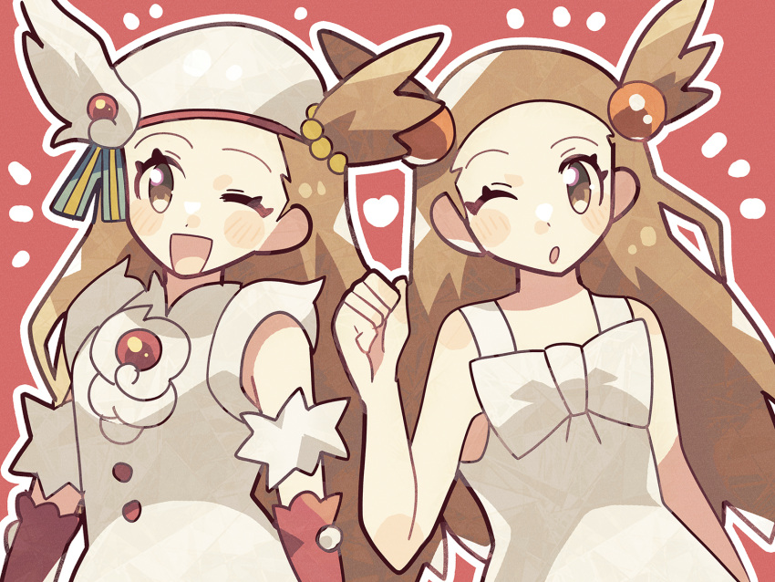 2girls anidler91 blush brown_eyes dress dual_persona gloves hair_bobbles hair_ornament hat highres holding jasmine_(holiday_2022)_(pokemon) jasmine_(pokemon) light_brown_hair multiple_girls official_alternate_costume one_eye_closed open_mouth pokemon pokemon_(game) pokemon_gsc pokemon_masters_ex red_background sleeveless sleeveless_dress sundress upper_body white_headwear