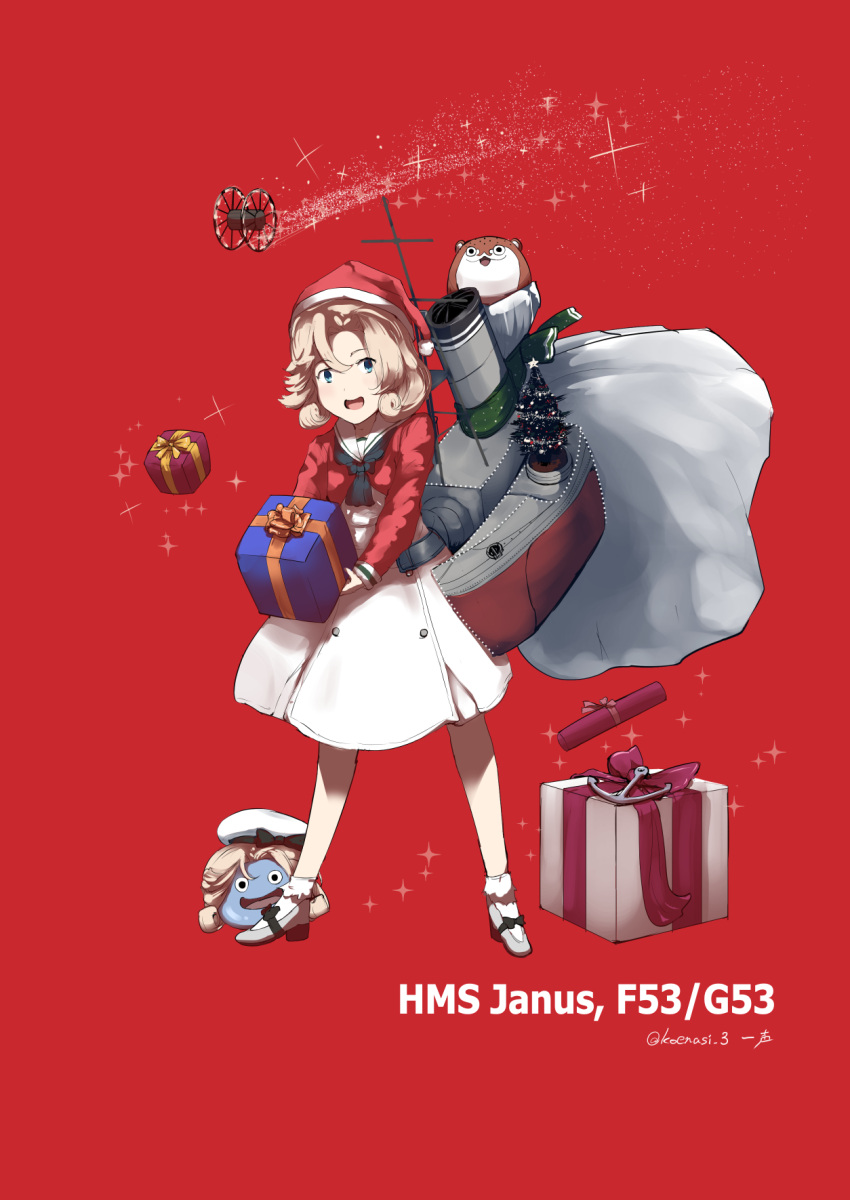 1girl artist_name blonde_hair blue_eyes bokukawauso box crossover dragon_quest dress full_body gift gift_box hat highres hitokoe holding holding_gift janus_(kancolle) kantai_collection long_sleeves open_mouth panjandrum pom_pom_(clothes) red_background red_headwear sack sailor_collar sailor_dress santa_hat short_hair signature simple_background slime_(creature) slime_(dragon_quest) smile twitter_username white_sailor_collar