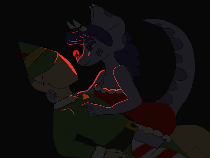 4:3 5_fingers anon_(snoot_game) anthro anthro_on_top belt breasts ceratopsian christmas cleavage clothed clothing colored dinosaur dress duo elf_costume faceless_character faceless_human faceless_male facial_horn fake_ears fake_nose featureless_face female female_anthro female_on_top fingers freckles freckles_on_breasts glowing glowing_nose goodbye_volcano_high hair hat headgear headwear hi_res holidays horn human human_on_anthro interspecies legwear light long_tail male male/female mammal mistletoe nude on_top ornithischian plant pshy3214 purple_body purple_eyes purple_hair raised_tail red_clothing red_dress reptile scalie shaded simple_background smile snoot_game_(fan_game) stockings thigh_highs triceratops trish_(gvh) video_games