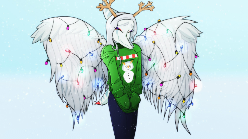 2_frame_animation animated anthro antlers big_wings blinking_light blue_body blue_skin bone_frill bottomwear cavemanon christmas christmas_clothing christmas_headwear christmas_lights christmas_sweater christmas_topwear clothed clothing eyes_closed fake_antlers fang_(gvh) feathered_wings feathers female frill_(anatomy) goodbye_volcano_high grey_hair hair hand_in_pocket hat hat_on_tail headgear headwear hi_res holidays horn long_hair pants pockets pterodactylus pterosaur reptile santa_hat scalie short_playtime short_tail smile snoot_game_(fan_game) snout snowman solo spread_wings standing sweater topwear wings