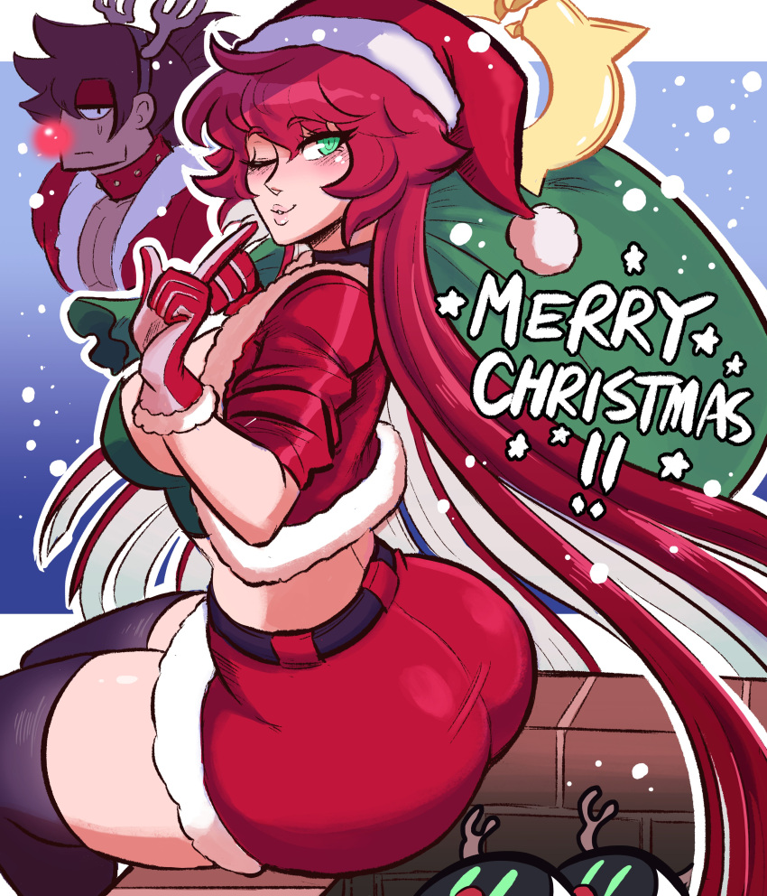 1girl absurdres animal_costume antlers ass black_thighhighs broken_halo chimney christmas collar dress finger_to_mouth gloves guilty_gear halo hat highres huge_ass jack-o'_valentine lips long_hair midriff one pectorals pink_hair red_dress red_gloves red_hair red_nose reindeer_antlers reindeer_costume santa_costume santa_hat sb scruffyturtles sitting sol_badguy sweatdrop thighhighs thighs very_long_hair