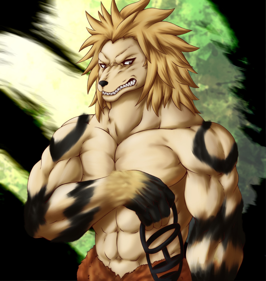 2021 abs absurd_res anthro bared_teeth biceps biped black_nose blonde_hair canid canine canis chibikoma clothed clothing digital_drawing_(artwork) digital_media_(artwork) domestic_dog fur hair half-length_portrait hero hi_res male mammal muscular muscular_anthro muscular_male muzzle_(object) my_hero_academia navel pecs portrait ryo_inui sharp_teeth solo spiky_hair tan_body tan_fur teacher teeth topless topless_anthro topless_male