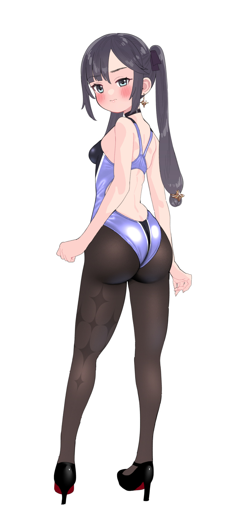 1girl absurdres alternate_costume aqua_eyes ass back bare_shoulders black_footwear black_hair blush breasts buta_tsuzumi choker clenched_hand closed_mouth diamond_print earrings from_behind frown full_body genshin_impact hair_between_eyes high_heels highres jewelry long_hair looking_at_viewer mona_(genshin_impact) one-piece_swimsuit pantyhose pouty_lips solo swimsuit twintails