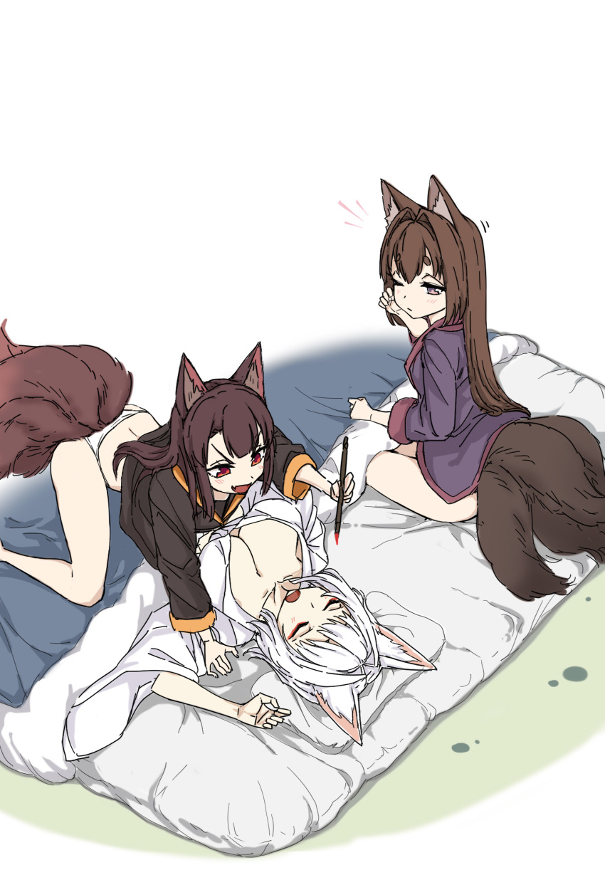 3girls :d ;( akagi-chan_(azur_lane) all_fours amagi-chan_(azur_lane) animal_ears azur_lane bent_over blush breasts cleavage drawing_on_another's_face eyeshadow fang fox_ears fox_tail futon girl_on_top hand_up highres holding holding_brush japanese_clothes kaga_(azur_lane) kitsune large_breasts long_hair looking_at_another lying makeup medium_hair multiple_girls multiple_tails no_pants on_back oukama panties prank rubbing_eyes sitting sleepwear smile smug straddling tail thighs underwear very_long_hair waking_up white_panties wide_sleeves