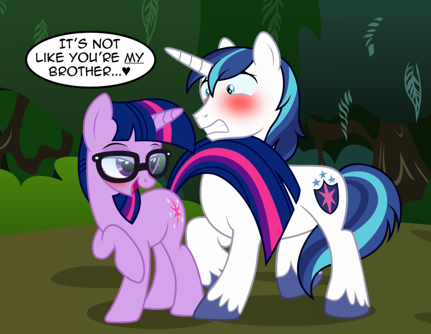 &lt;3 badumsquish blue_eyes blue_hair blush dialogue duo english_text equid equine eyewear female flirting forest friendship_is_magic fur glasses hair hasbro hi_res hooves horn male mammal my_little_pony plant purple_body purple_eyes purple_fur purple_hair sci-twi semi_incest shining_armor_(mlp) text tree twilight_sparkle_(mlp) unicorn white_body white_fur