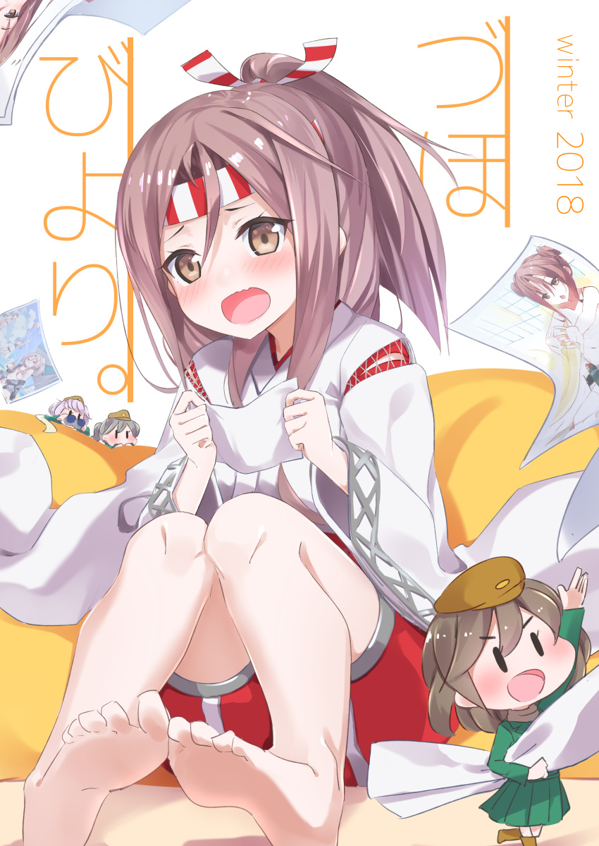 1girl 2018 absurdres barefoot blush brown_eyes brown_hair fairy_(kancolle) hachimaki headband high_ponytail highres holding holding_paper japanese_clothes kantai_collection long_hair looking_at_viewer natsuki_(gedo) paper sitting wavy_mouth wide_sleeves zuihou_(kancolle)