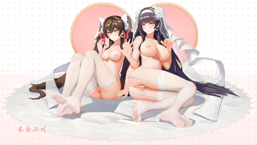 2girls absurdres bangs bare_shoulders black_hair blush breast_milk breasts bridal_veil brown_hair closed_mouth collarbone earrings feet flower full_body garter_belt garter_straps girls'_frontline hair_flower hair_ornament hair_ribbon hairband heart heart-shaped_pupils hebai_xiaochuan highres jewelry large_breasts legs lips long_hair looking_at_viewer medium_breasts multiple_girls nail_polish necklace nipples no_shoes nude official_alternate_costume on_floor pink_nails pregnant pussy red_ribbon ribbon ring simple_background sitting smile soles symbol-shaped_pupils thighhighs thighs toes type_95_(girls'_frontline) type_95_(prairie_gentian_and_her_season)_(girls'_frontline) type_97_(girls'_frontline) type_97_(prayers_in_the_wind)_(girls'_frontline) veil very_long_hair wedding_ring white_hairband white_ribbon white_thighhighs white_veil yellow_eyes