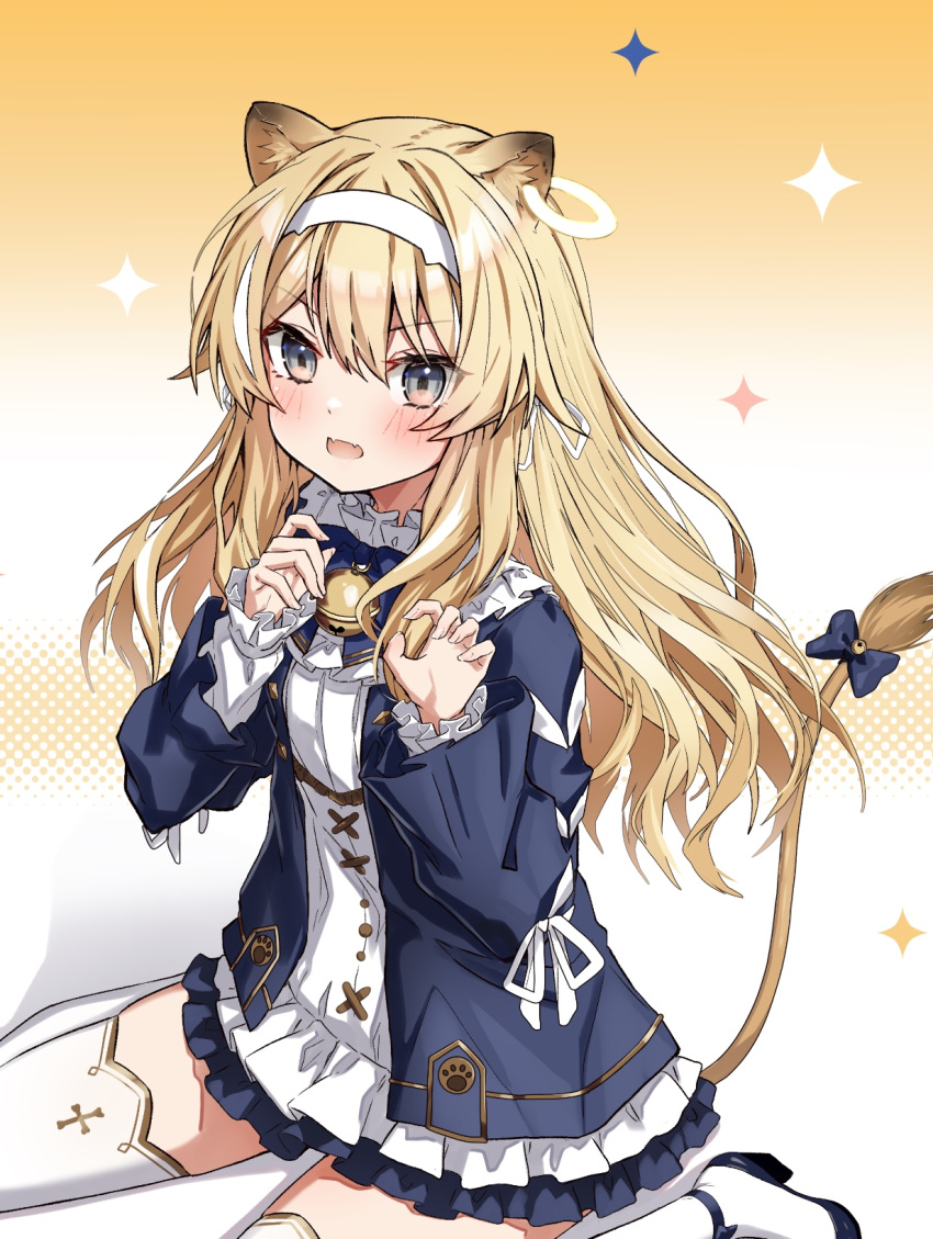 1girl animal_ear_fluff animal_ears blonde_hair blue_eyes blue_jacket claw_pose commission dress fangs frilled_dress frills highres jacket lion_ears lion_girl lion_tail long_hair long_sleeves looking_at_viewer noripro open_clothes open_jacket open_mouth regrush_lionheart sitting skeb_commission skin_fangs tail takanashi_kei_(hitsujikan) thighhighs virtual_youtuber wariza white_dress white_thighhighs zettai_ryouiki