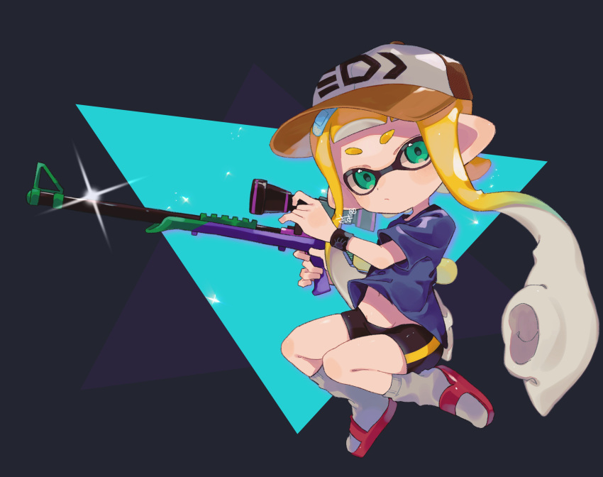 1girl bangs belly black_shorts blonde_hair blue_shirt brown_headwear frown green_eyes grey_background gun hat highres holding holding_gun holding_weapon inkling inkling_girl long_hair looking_at_viewer mikoshiba_m pointy_ears red_footwear shiny shirt short_shorts short_sleeves shorts socks splat_charger_(splatoon) splatoon_(series) tentacle_hair weapon white_socks