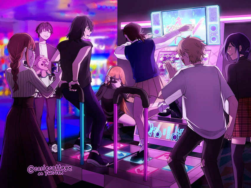 3boys 4girls black_hair black_jacket black_pants black_shirt black_skirt blonde_hair blue_sweater_vest braid braided_ponytail brown_hair camera chainsaw_man closed_eyes cosiecottage dab_(dance) dance_dance_revolution dancing denji_(chainsaw_man) hair_bun hayakawa_aki higashiyama_kobeni holding holding_bars holding_camera holding_hands holding_phone jacket long_hair looking_at_another looking_to_the_side makima_(chainsaw_man) medium_hair mole mole_under_mouth multiple_boys multiple_girls octopus open_mouth pants phone plaid plaid_skirt power_(chainsaw_man) recording reze_(chainsaw_man) shirt short_hair short_ponytail sidelocks skirt smile striped striped_shirt stuffed_animal stuffed_toy sweater_vest thighhighs white_shirt yoshida_hirofumi