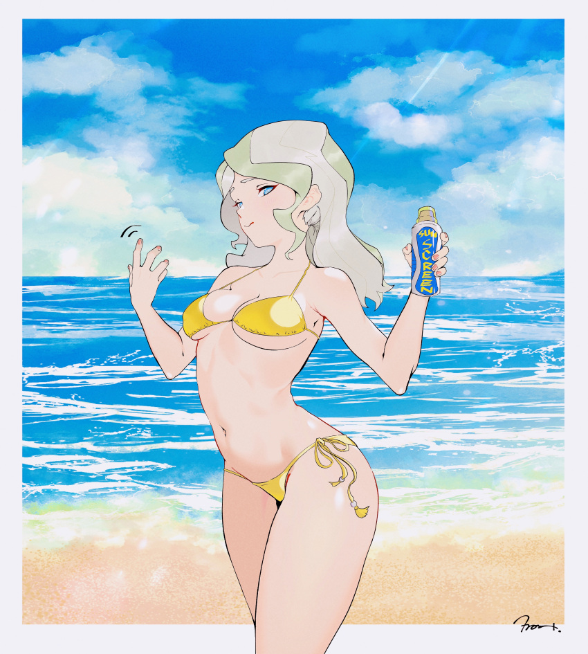1girl absurdres aqua_eyes beach bikini blue_eyes blue_sky border bottle breasts cleavage cloud day diana_cavendish frost full_body gold_bikini green_hair halterneck hands_up highres holding holding_bottle little_witch_academia looking_at_viewer lotion medium_breasts midriff navel outdoors project-disrubtion side-tie_bikini_bottom sky solo stomach string_bikini sunscreen swimsuit wavy_hair white_border yellow_bikini