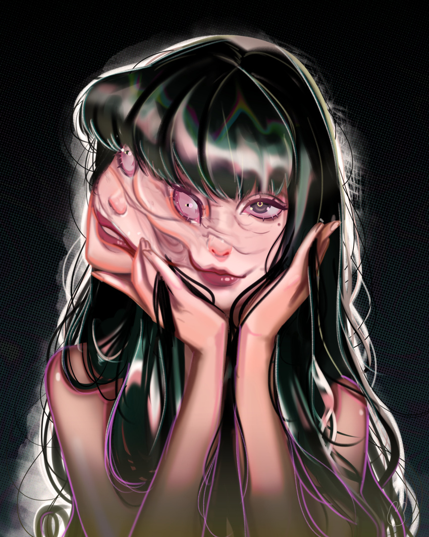 1girl absurdres alienstolemytea bangs black_background black_eyes black_hair body_horror closed_mouth extra_eyes extra_mouth head_rest highres horror_(theme) kawakami_tomie long_hair looking_at_viewer mole mole_under_eye parted_lips smile solo tomie upper_body