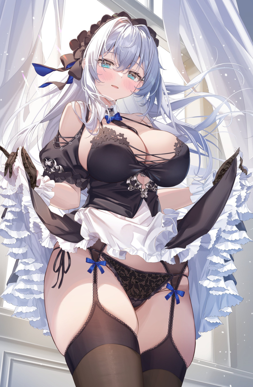 absurdres apron apron_lift bangs bare_shoulders between_breasts black_thighhighs blue_eyes blush bow bowtie breasts bursting_breasts cleavage clothes_lift collar covered_nipples frilled_skirt frills garter_straps gloves highres indoors large_breasts lingerie looking_at_viewer maid maid_headdress original panties sg_(satoumogumogu) skindentation skirt skirt_lift smile thick_thighs thighhighs thighs underwear upskirt white_hair