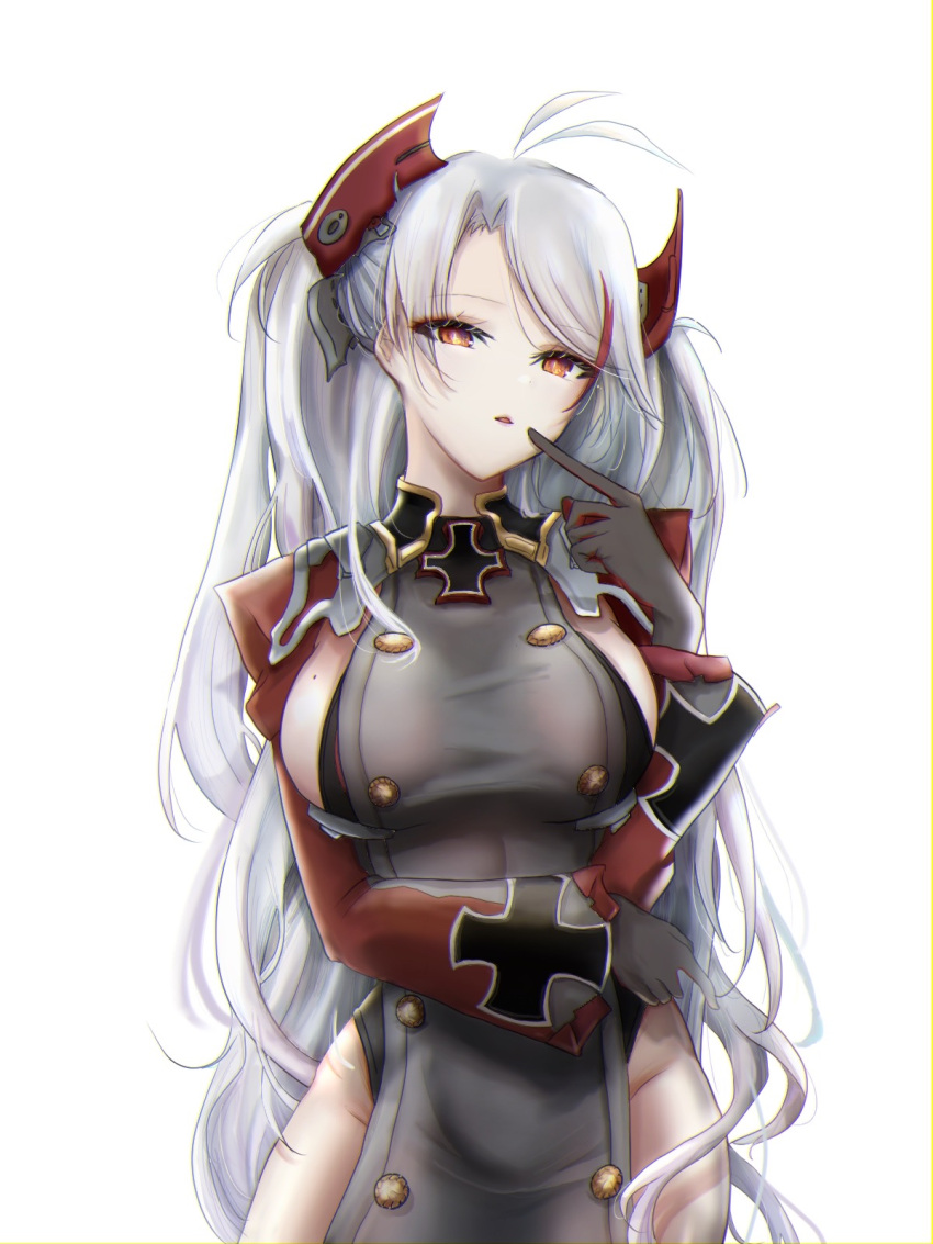 1girl azur_lane breasts buttons double-breasted gloves grey_gloves headgear highres large_breasts long_hair long_sleeves luca735376 mole mole_on_breast multicolored_hair orange_eyes prinz_eugen_(azur_lane) red_gloves red_hair sideboob simple_background solo streaked_hair two-tone_gloves two-tone_hair very_long_hair white_background white_hair