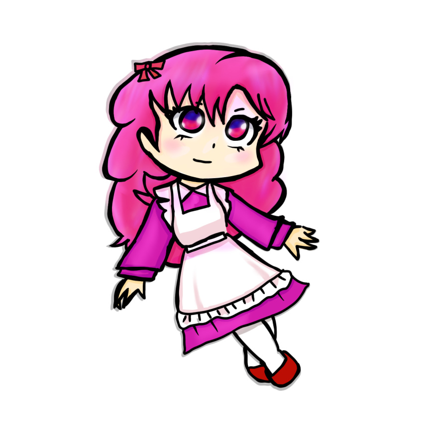 1girl bow chibi closed_mouth curly_hair dress full_body hair_bow highres kerubin_art mary_janes pink_eyes pink_hair ran_(urusei_yatsura) red_footwear red_ribbon ribbon shoes simple_background smile solo urusei_yatsura white_background