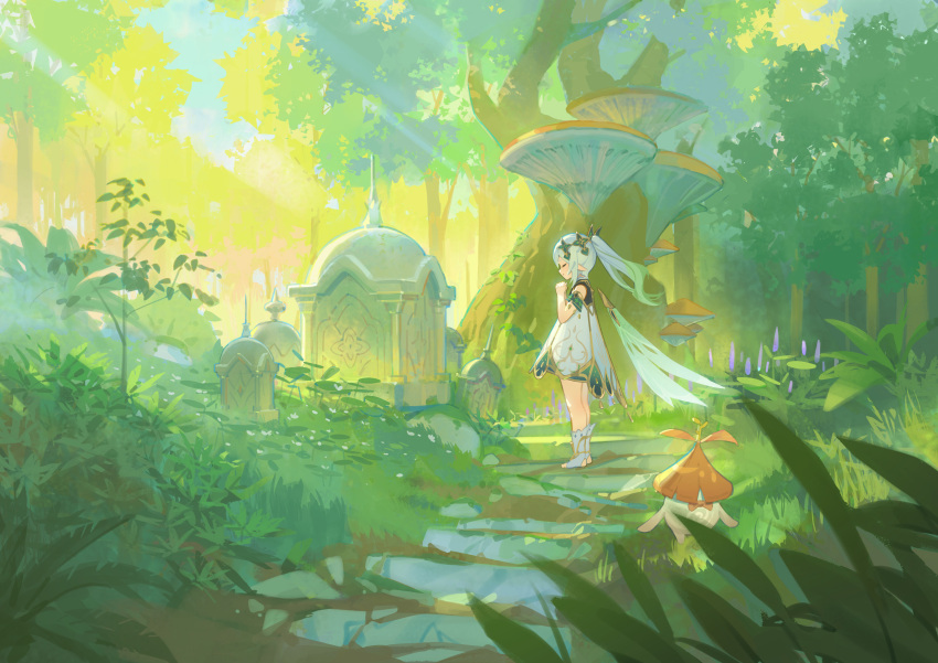 1girl absurdres blue_sky blue_wings cloud commentary_request day ddal detached_wings dress forest fungi_(genshin_impact) genshin_impact green_hair grey_hair highres interlocked_fingers long_hair multicolored_hair nahida_(genshin_impact) nature no_shoes outdoors own_hands_clasped own_hands_together pointy_ears side_ponytail sky sleeveless sleeveless_dress socks solo standing stirrup_legwear streaked_hair toeless_legwear tree white_dress white_socks wings