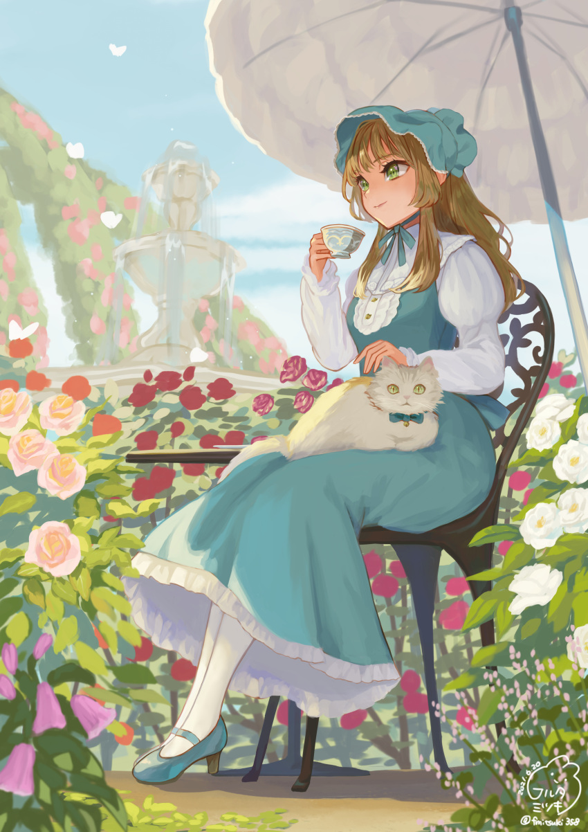 1girl absurdres animal_on_lap aqua_dress aqua_footwear aqua_headwear arch bangs bonnet brown_hair bug butterfly cat center_frills chair cloud cup day dress floral_arch flower fountain frills full_body garden green_eyes high_heels highres holding holding_cup juliet_sleeves long_sleeves looking_ahead mary_janes on_lap original pantyhose parasol pinafore_dress pink_flower pink_rose puffy_sleeves red_flower red_rose rose sangatsu_(mitsuki358) shirt shoes sitting smile solo table teacup umbrella white_cat white_flower white_pantyhose white_rose white_shirt