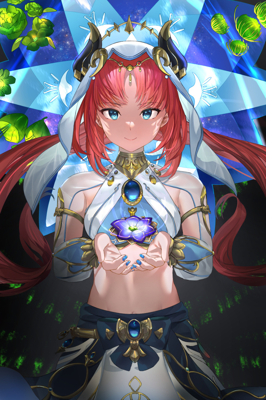 1girl absurdres armlet bangs black_background blue_eyes blue_gemstone blue_nails bracer breasts brooch circlet closed_mouth commentary crop_top detached_sleeves fake_horns floating floating_hair floating_object flower gem genshin_impact green_flower harem_outfit highres horns jewelry long_hair long_sleeves looking_at_viewer low_twintails medium_breasts midriff mosta_(lo1777789) neck_ring nilou_(genshin_impact) own_hands_together parted_bangs purple_flower red_hair sidelocks skirt smile solo twintails white_headwear white_sleeves