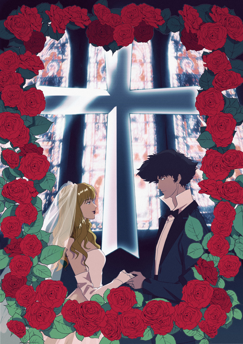 1boy 1girl absurdres blonde_hair church couple cowboy_bebop dress flower green_hair hetero highres julia_(cowboy_bebop) non-web_source red_flower red_rose rose silvertang spike_spiegel wedding wedding_dress