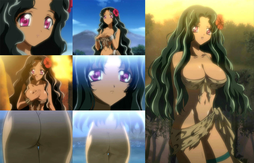 ass bikini black_hair bracelet cap dark_skin female flower jewelry kuiru legs long_hair nature nude outdoors purple_eyes screencap sky solo swimsuit yami_to_boushi_to_hon_no_tabibito