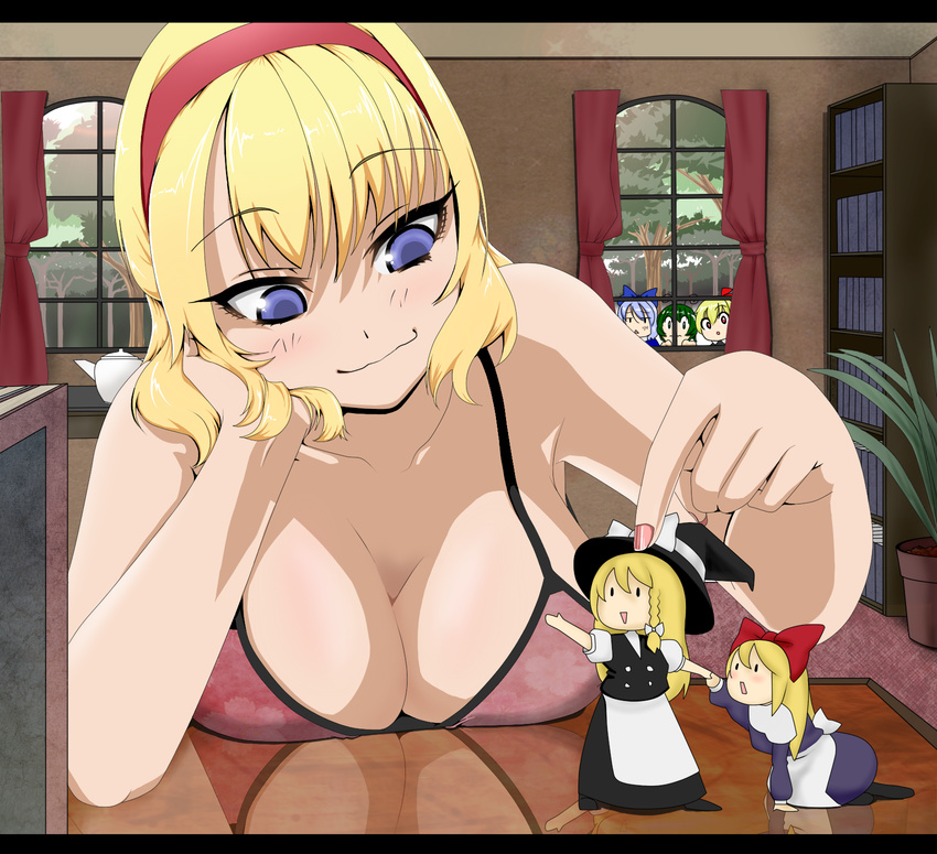 alice_margatroid blonde_hair blue_eyes bookshelf bra breast_rest breasts character_doll cirno cleavage hair_ribbon hairband highres kirisame_marisa large_breasts lingerie multiple_girls ribbon rumia shanghai_doll shigeruoomi teapot touhou underwear window wriggle_nightbug