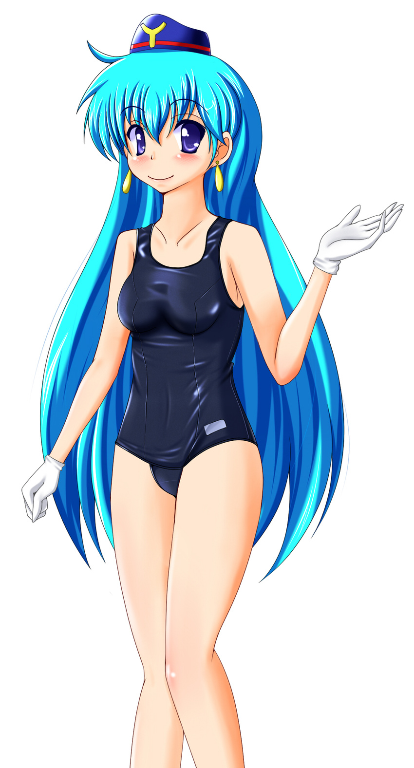 blue_hair blush female gloves highres legs long_hair simple_background smile solo stewardess swimsuit tenjouin_katsura thighs white_background yat_anshin_uchuu_ryokou