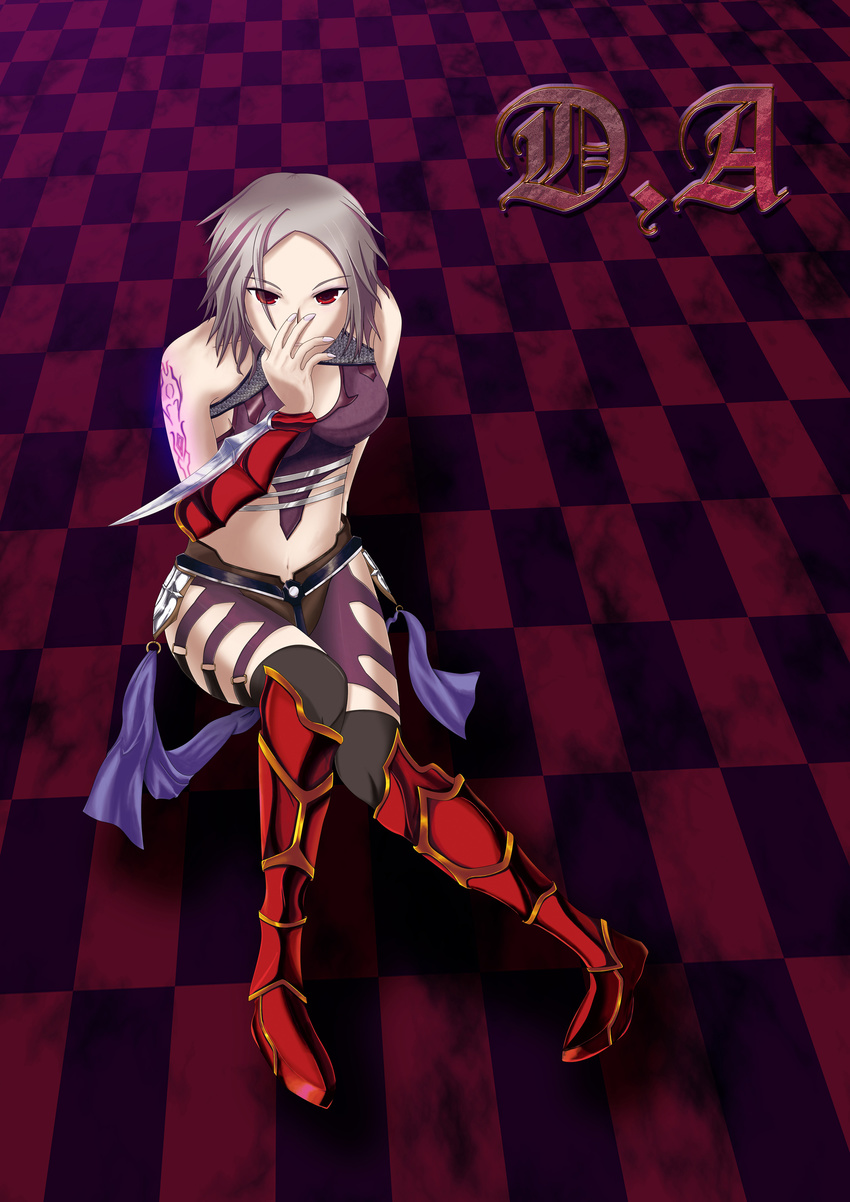 1girl absurdres angela_(castlevania) boots castlevania castlevania_pachislot dark_persona highres midriff navel red_eyes short_hair silver_hair